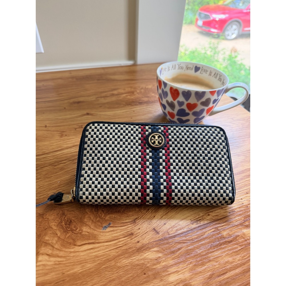 Tory Burch Woven Leather Checkerboard Zip Continental Wallet Navy White OS